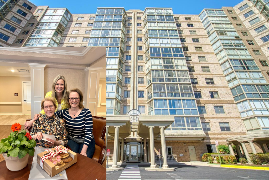The image features two distinct scenes. On the left, three women of varying ages smile warmly as they pose in a well-appointed interior room. The eldest sits with a gift box on her lap, surrounded by her family, in an environment that suggests a cozy, residential setting. On the right, the exterior of a high-rise condominium building is shown. It has a modern design with large windows and is made of light-colored brick, featuring a covered entrance that adds a welcoming touch to the urban structure.