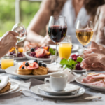 A family enjoys a luxurious Mother's Day brunch with an assortment of breakfast foods, fresh fruits, and beverages including coffee, orange juice, red and white wine.