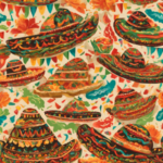 Vibrant pattern featuring colorful sombreros adorned with intricate designs and surrounded by festive autumn leaves, symbolizing Cinco de Mayo celebrations.