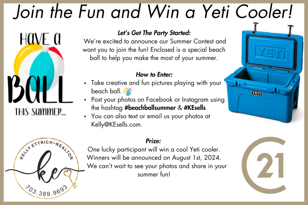 A promotional postcard for KEsells’ Summer Contest featuring a beach ball and a Yeti cooler. The postcard provides details on how to enter the contest by sharing photos with a beach ball.