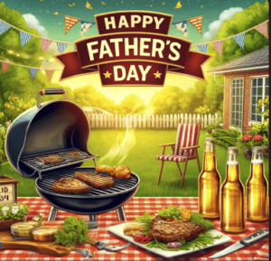 Happy Father’s Day banner over a festive backyard barbecue scene with a grill, sizzling steaks, beers on the table, and a lush green garden in the background.