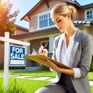 A professional blond woman appraiser examining a house for a home appraisal, using a clipboard and taking notes while inspecting the exterior of a modern suburban home with a ‘For Sale’ sign in the yard.
