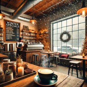 A cozy winter coffee shop scene with a steaming latte on a wooden table, snow falling outside large windows decorated with a wreath, and a barista preparing drinks in the background.