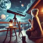 Kelly Ettrich sits on the deck of her home, gazing at the night sky through a telescope. The stars shine brightly, with Saturn, Venus, and the moon visible. She is wrapped in a cozy sweater, with a warm drink nearby, creating a serene and peaceful stargazing atmosphere.