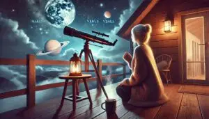 Kelly Ettrich sits on the deck of her home, gazing at the night sky through a telescope. The stars shine brightly, with Saturn, Venus, and the moon visible. She is wrapped in a cozy sweater, with a warm drink nearby, creating a serene and peaceful stargazing atmosphere.