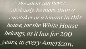 Inspirational quote about the White House belonging to every American, displayed on a dark green background.