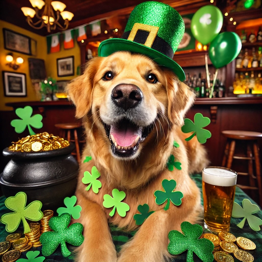 The image is a Golden Retriever 
named Spanky, celebrating St. Patrick's Day in the bar named after him, wearing a Irish hat and next to a pot of gold. 