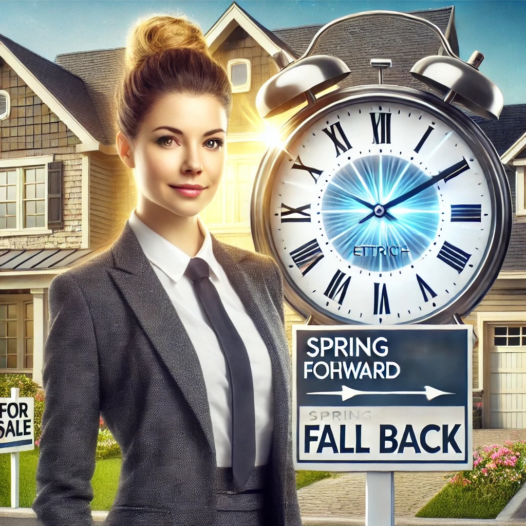 Kelly Ettrich Realtor in front of a home with Spring Forward, Fall Back on a sign with a clock. 